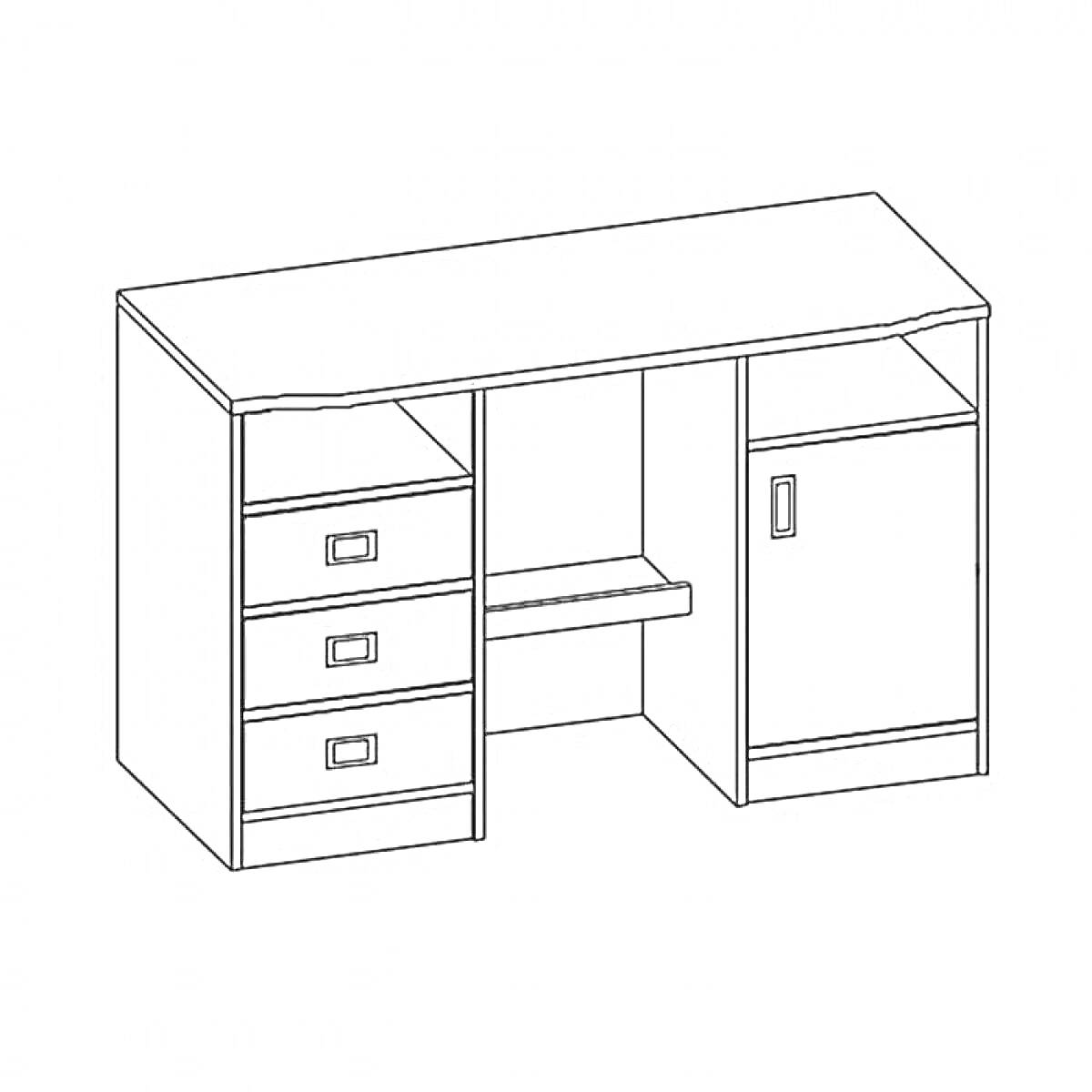На раскраске изображено: Письменный стол, Ящики, Мебель, Рабочее место
