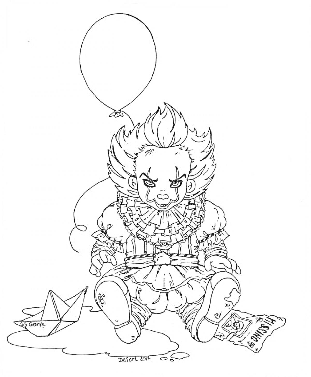 Раскраска Пеннивайз с шариком, бумажным корабликом и комиксом