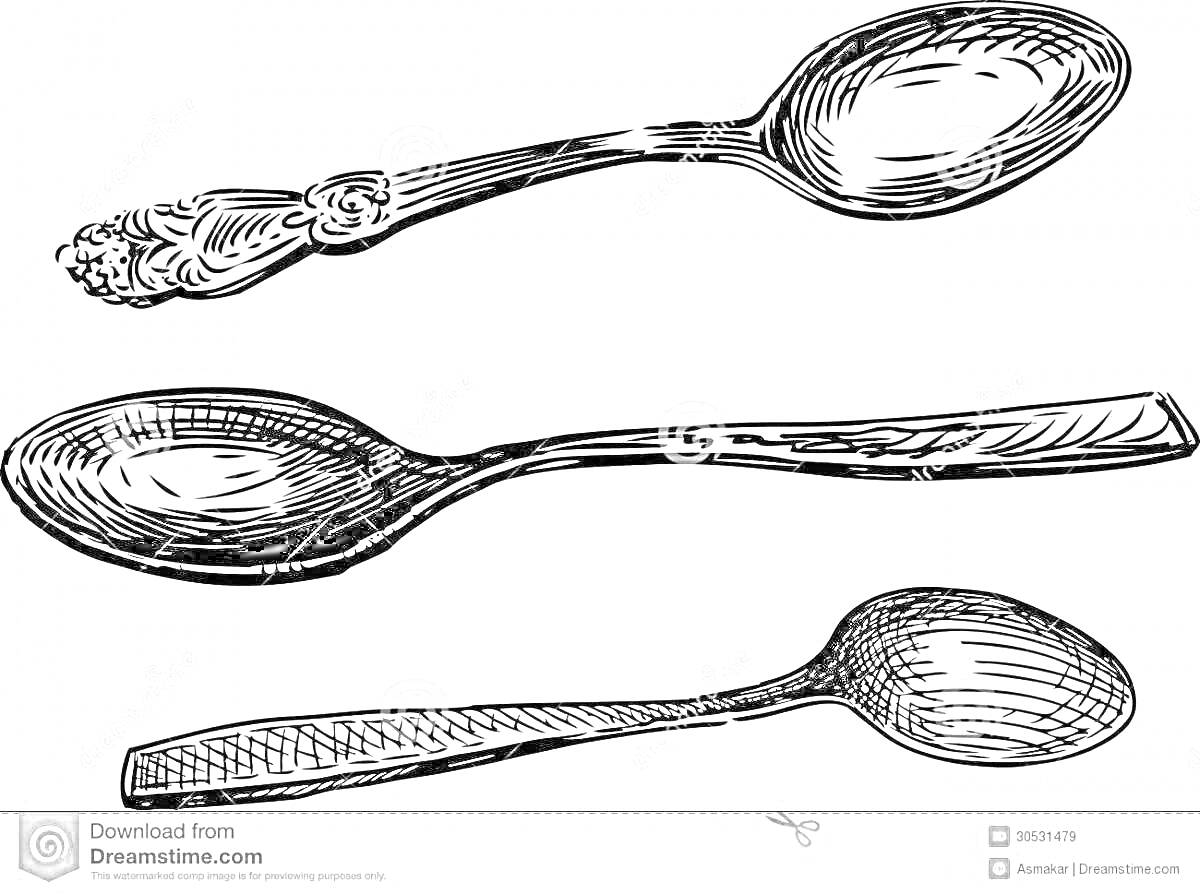 Раскраска Раскраска деревянных ложек с различными узорами