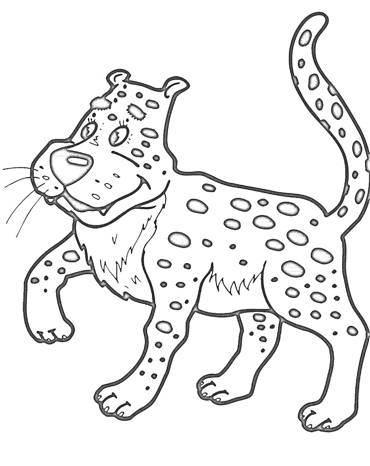 На раскраске изображено: Леопард, Большая кошка, Животные, Дикий, Пятна, Улыбка, Для детей