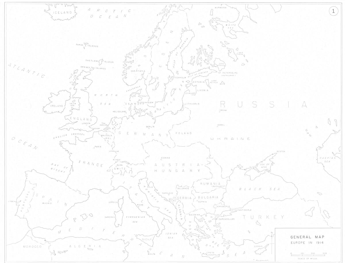 На раскраске изображено: Карта, Европа, Границы, Историческая карта, Первая мировая война, География, Контурная карта