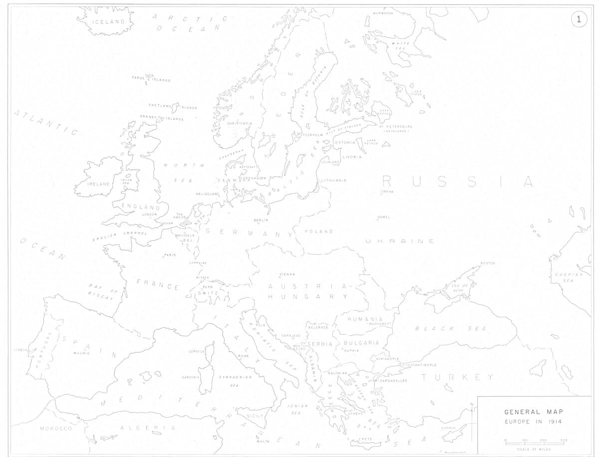 Раскраска Карта Европы 1914 года с обозначениями стран и границ
