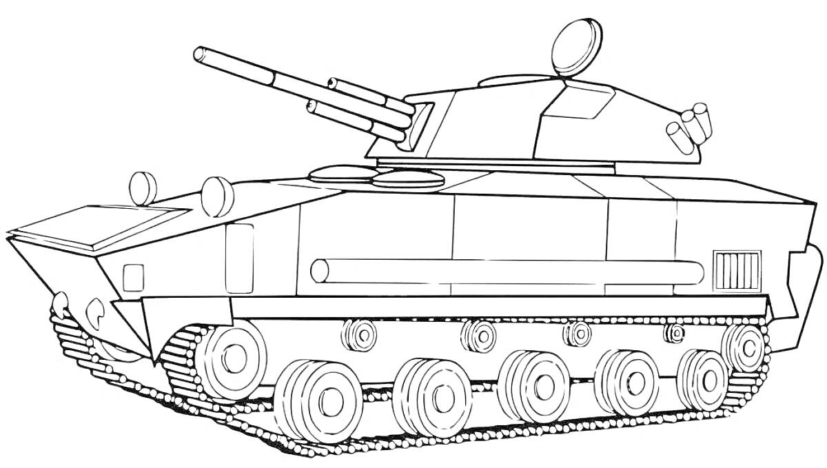 На раскраске изображено: Танк, Российский, Военная техника, Пушка, Корпус, Шасси, Гусеницы, Люки, Антенны