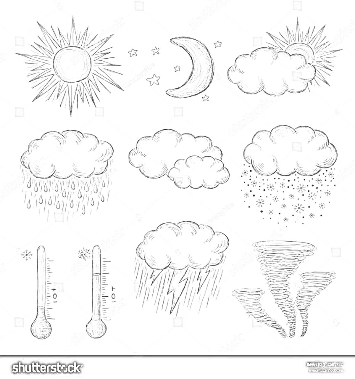 На раскраске изображено: Солнце, Луна, Звезды, Дождь, Снег, Температура, Градусник, Молния, Торнадо, Погода, Природа