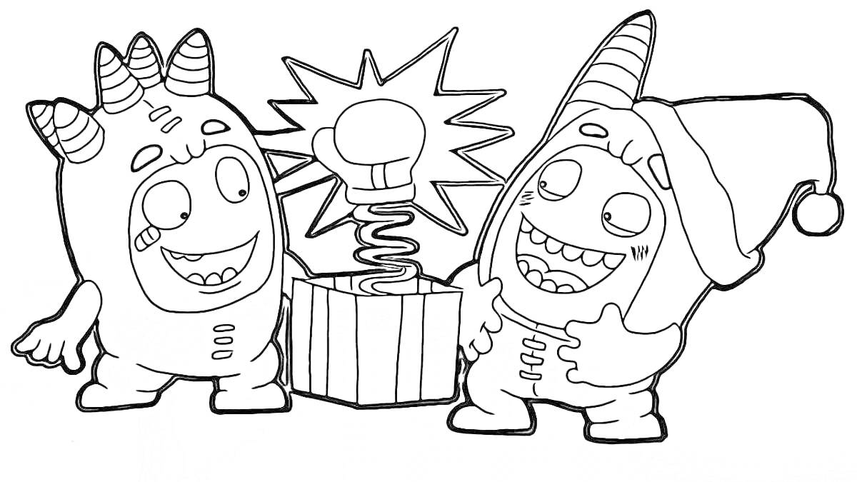 Раскраска Два персонажа Oddbods с подарочной коробкой, из которой выпрыгивает лампочка на пружине