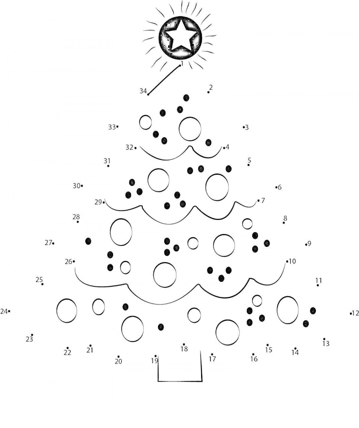 На раскраске изображено: Новый год, По точкам, Украшения, Рождество, Праздничное дерево, Звезды, Елки