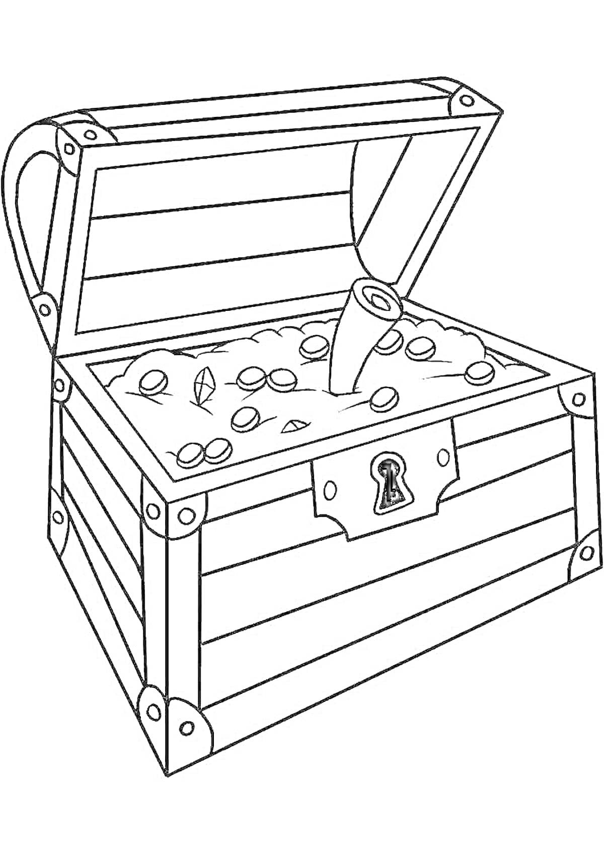 Раскраска Сундук с сокровищами - сундук с открытой крышкой, ключевым отверстием, монетами и свитком внутри