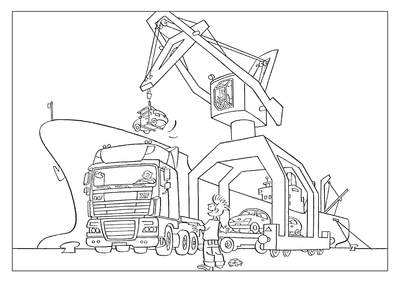Раскраска Автовоз с краном и грузовиком, человек в рабочей одежде, корабль на заднем плане