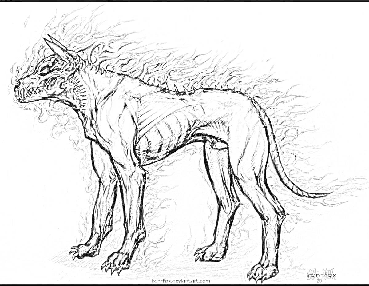 Раскраска Цербер с огненной гривой на заднем фоне