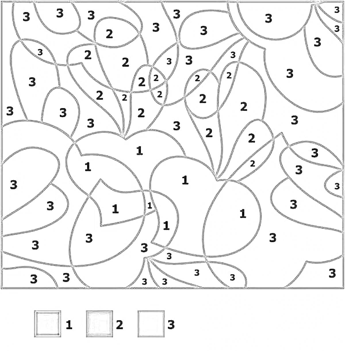 Раскраска Раскраска по числам с листьями, цифрами 1, 2, 3 и цветами