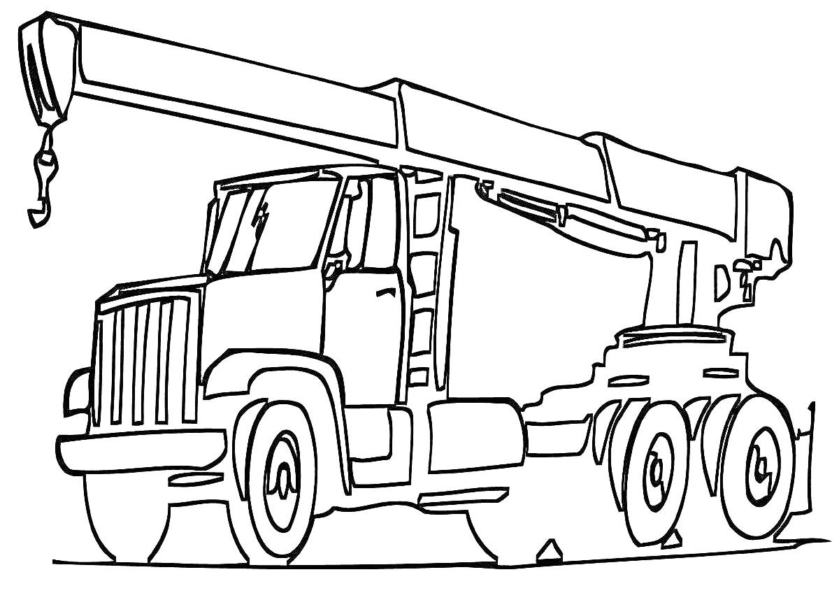 Раскраска Автокран с длинной стрелой, грузовик-шасси, выдвижной механизм, шесть колес