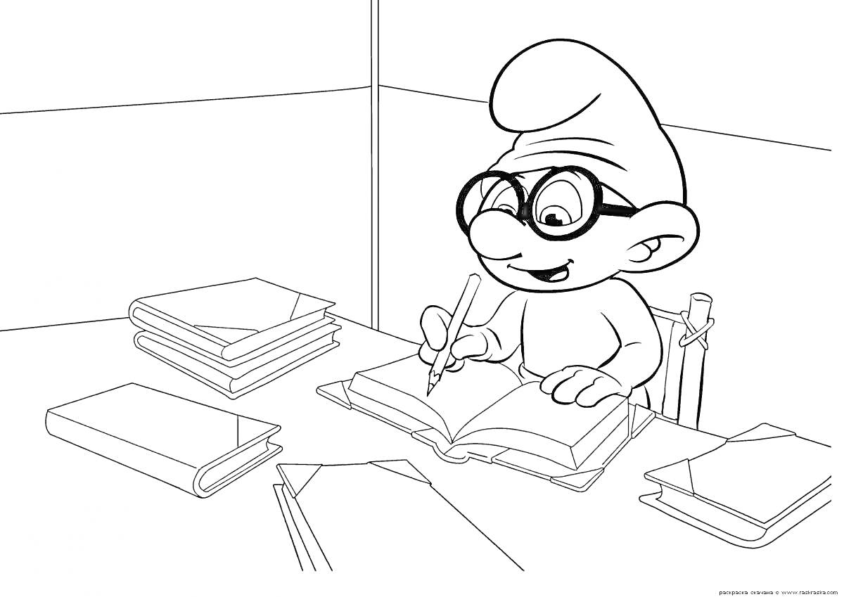 Раскраска Смурф за письменным столом с очками, пишущий в книге, вокруг лежат книги