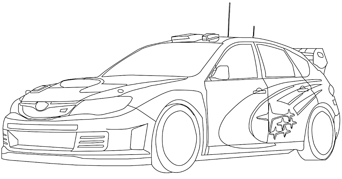 Раскраска Гоночный автомобиль Subaru с графикой на дверях и антеннами на крыше