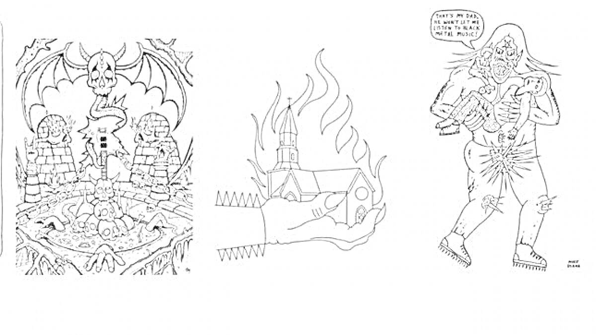 Раскраска Демон на троне с черепами и зомбированными фигурами на фоне, рука держит горящую церковь, зомби с автоматом и надписью