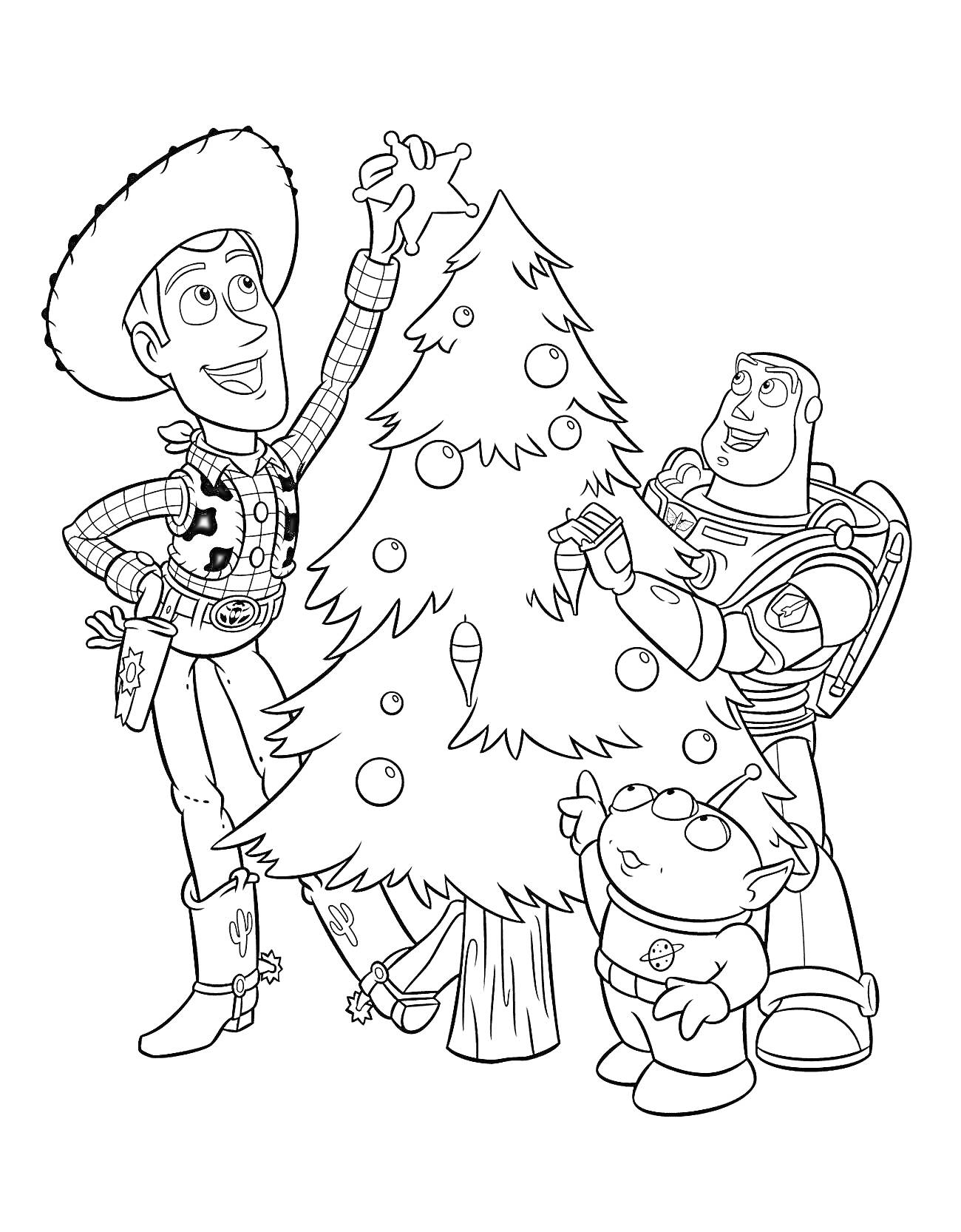 Раскраска Рождественская елка с ковбоем, космонавтом и инопланетянином