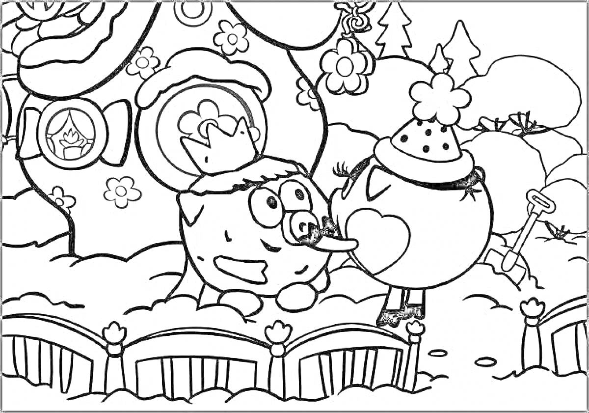 Раскраска Нюша и другая свинка в шапочке рядом с домиком на фоне зимних деревьев