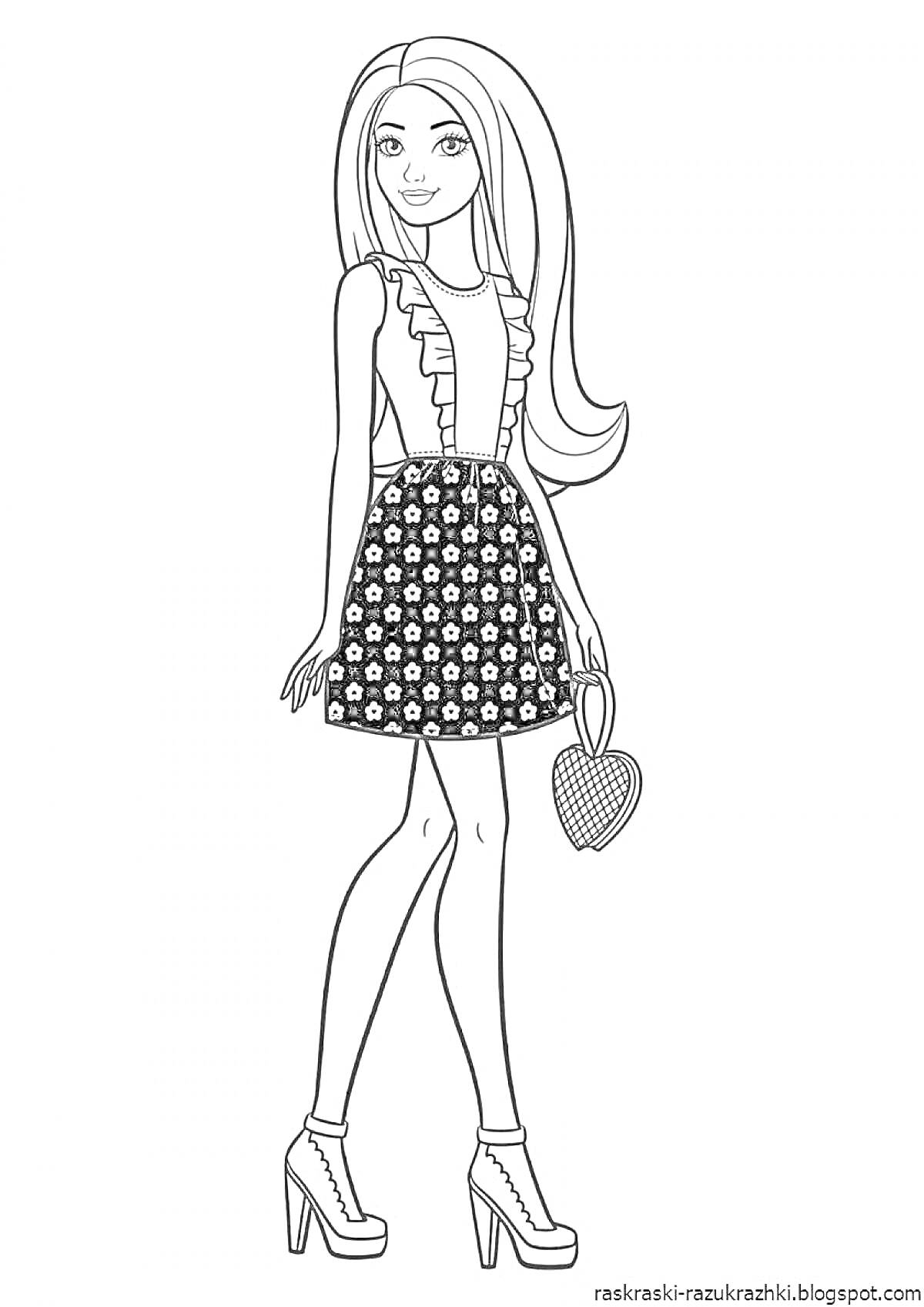 Раскраска Девушка с длинными волосами в платье с цветочным узором, держащая сумочку в форме сердца и на высоких каблуках