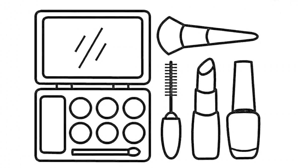 На раскраске изображено: Палетка, Макияж, Зеркало, Помада, Лак, Косметика