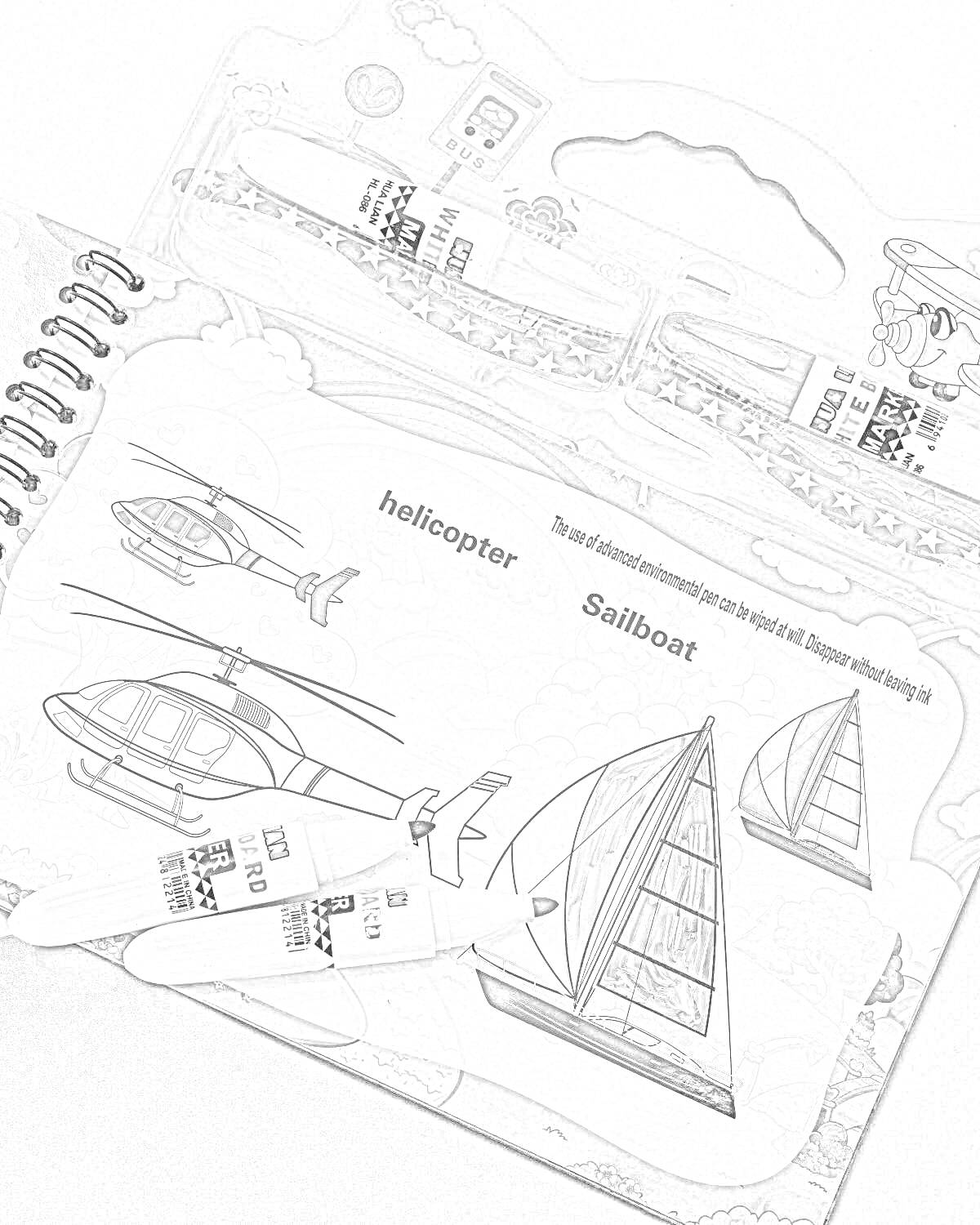 Раскраска раскраска с водным маркером с изображениями вертолета и парусной лодки