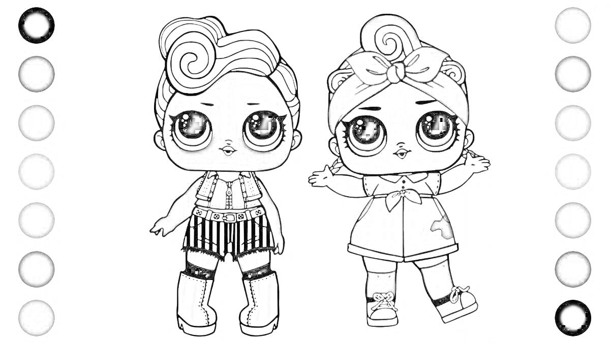 Раскраска две куклы ЛОЛ со спиральными и волнистыми прическами, одеты в лоферы со стразами и ботинки, сбоку — вертикальные столбцы цветов