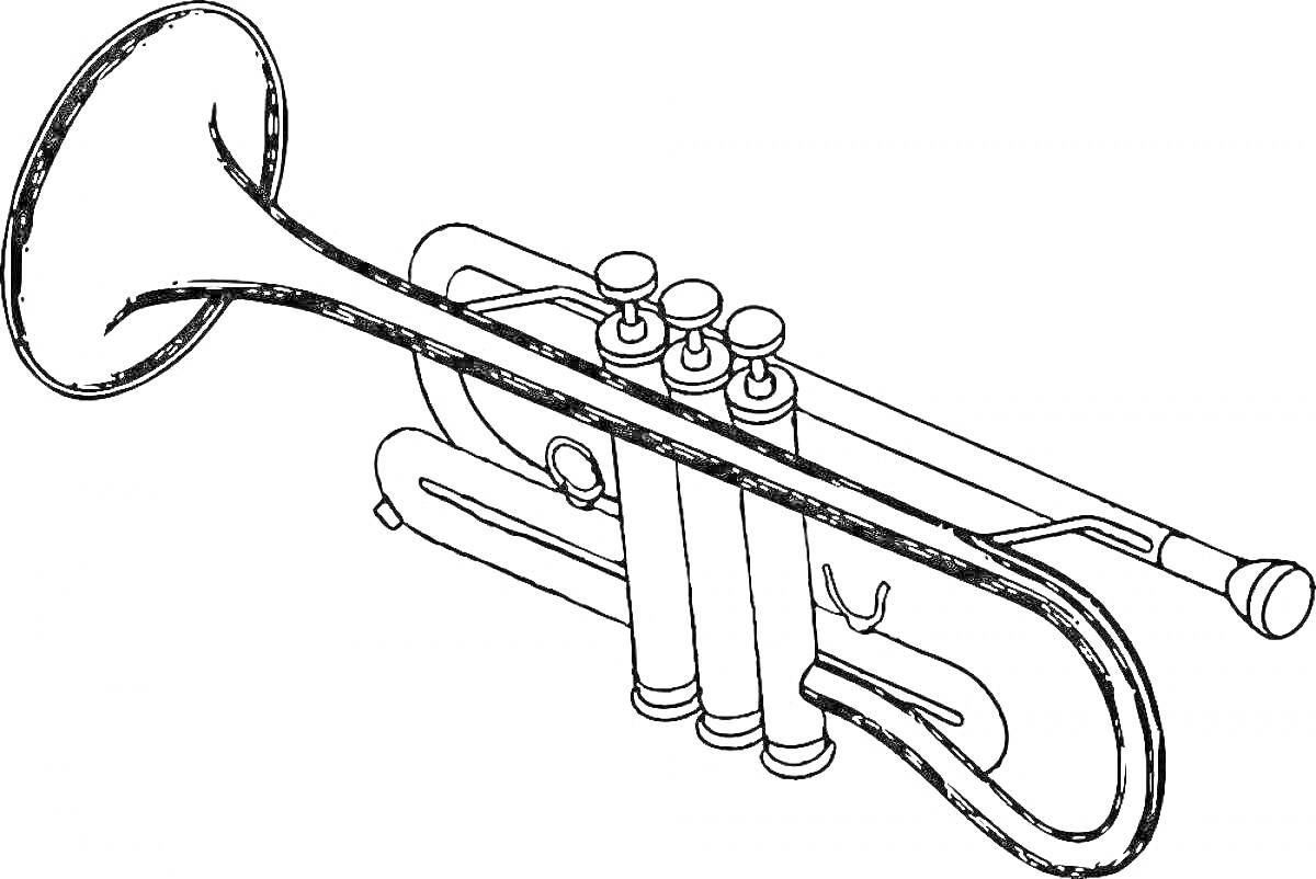 На раскраске изображено: Труба, Музыкальный инструмент, Клапаны, Мундштук, Для детей