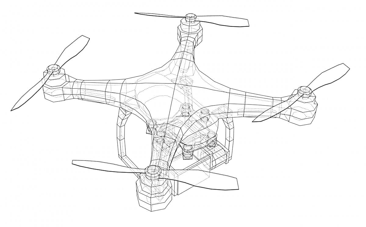 Раскраска Четырёхроторный дрон с камерой и пропеллерами