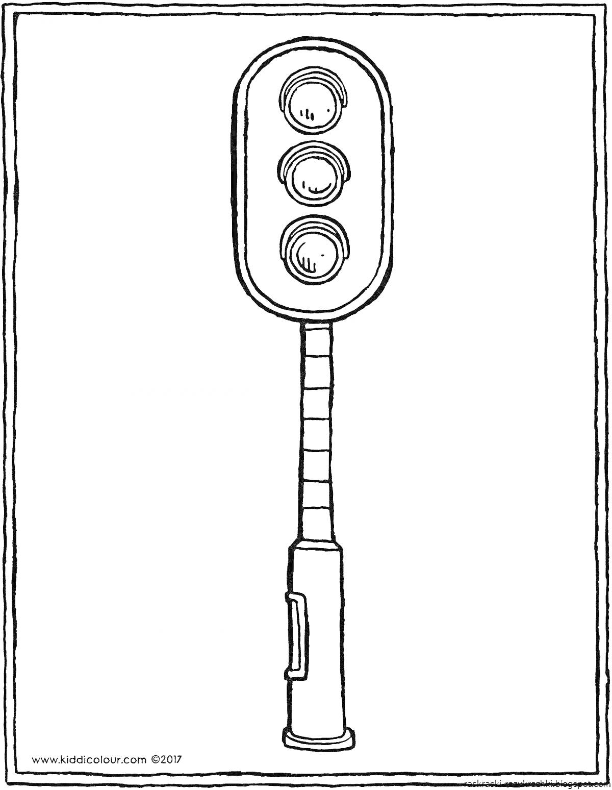 Раскраска Сигнальный светофор с тремя круглыми лампами и полосатым столбом