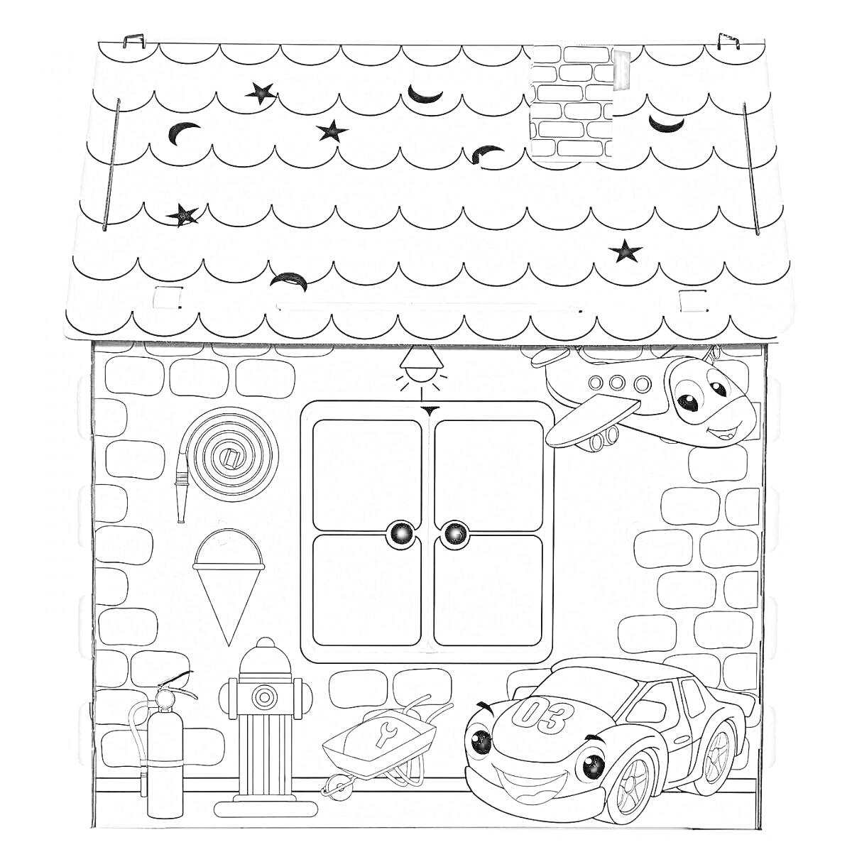 На раскраске изображено: Кирпичная стена, Окна, Мороженое, Почтовый ящик, Детские рисунки