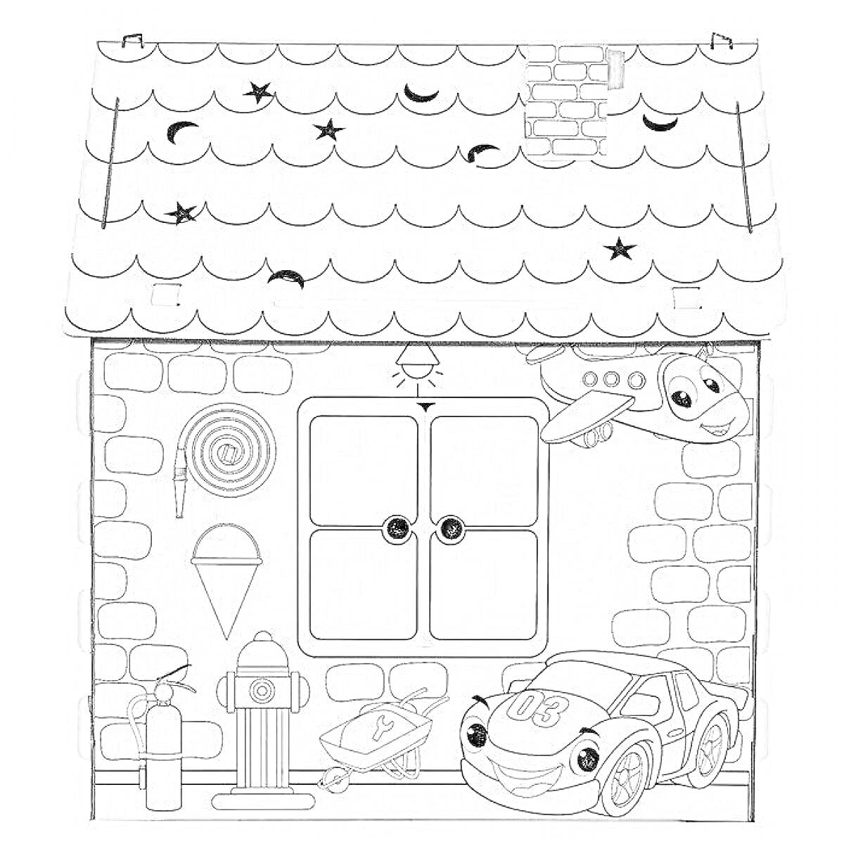 Раскраска Картонный домик с черепичной крышей, окнами с цветочными ставнями, самолетом, машиной, пожарным гидрантом, фонарем, мороженым и кольцевой спиралью