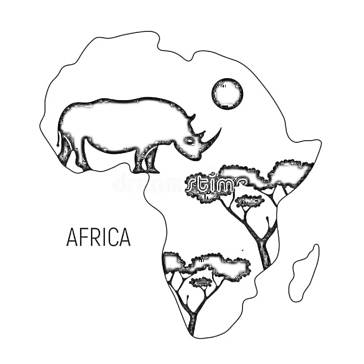 Раскраска Континент Африка с носорогом, солнцем и акациями внутри контура карты