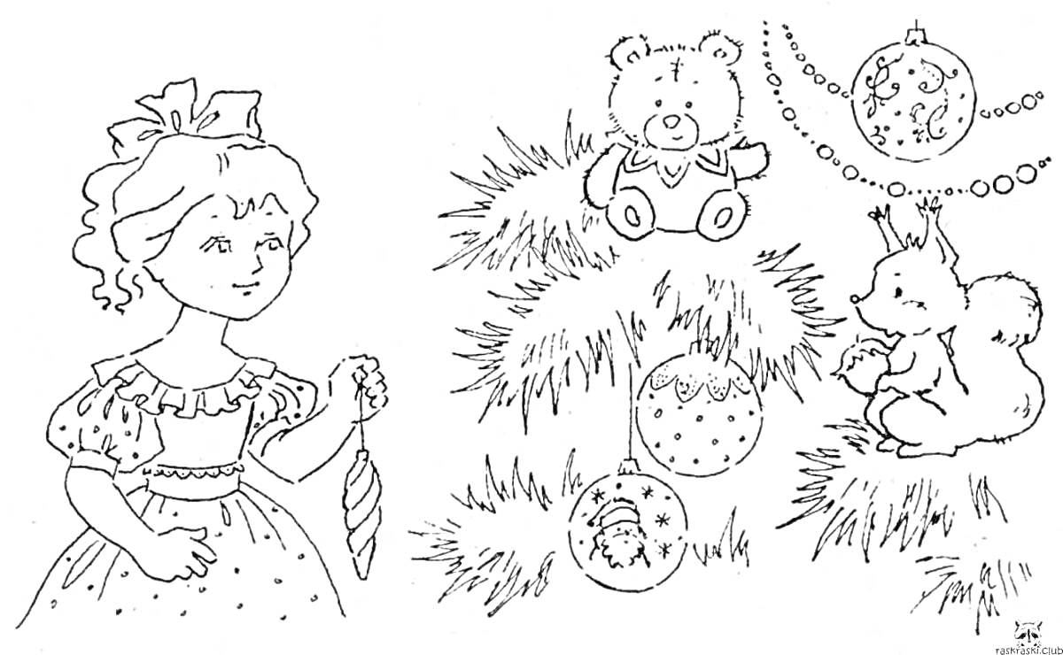 Раскраска Девочка с косичками, плюшевый мишка, елочные игрушки, белка и елка