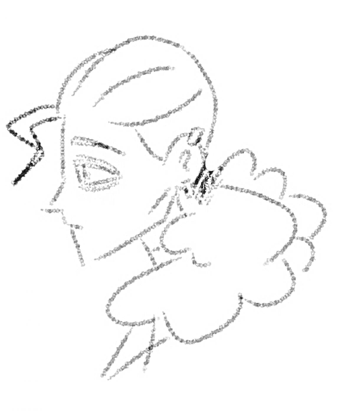 Раскраска профильное изображение персонажа с серьгой и волосами, собранными в хвост, облако на заднем фоне