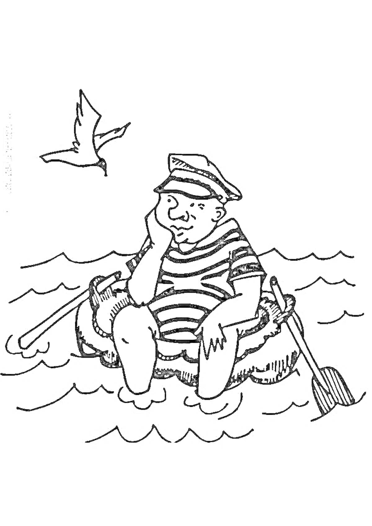 Раскраска Моряк на спасательном круге с веслом и чайкой на фоне