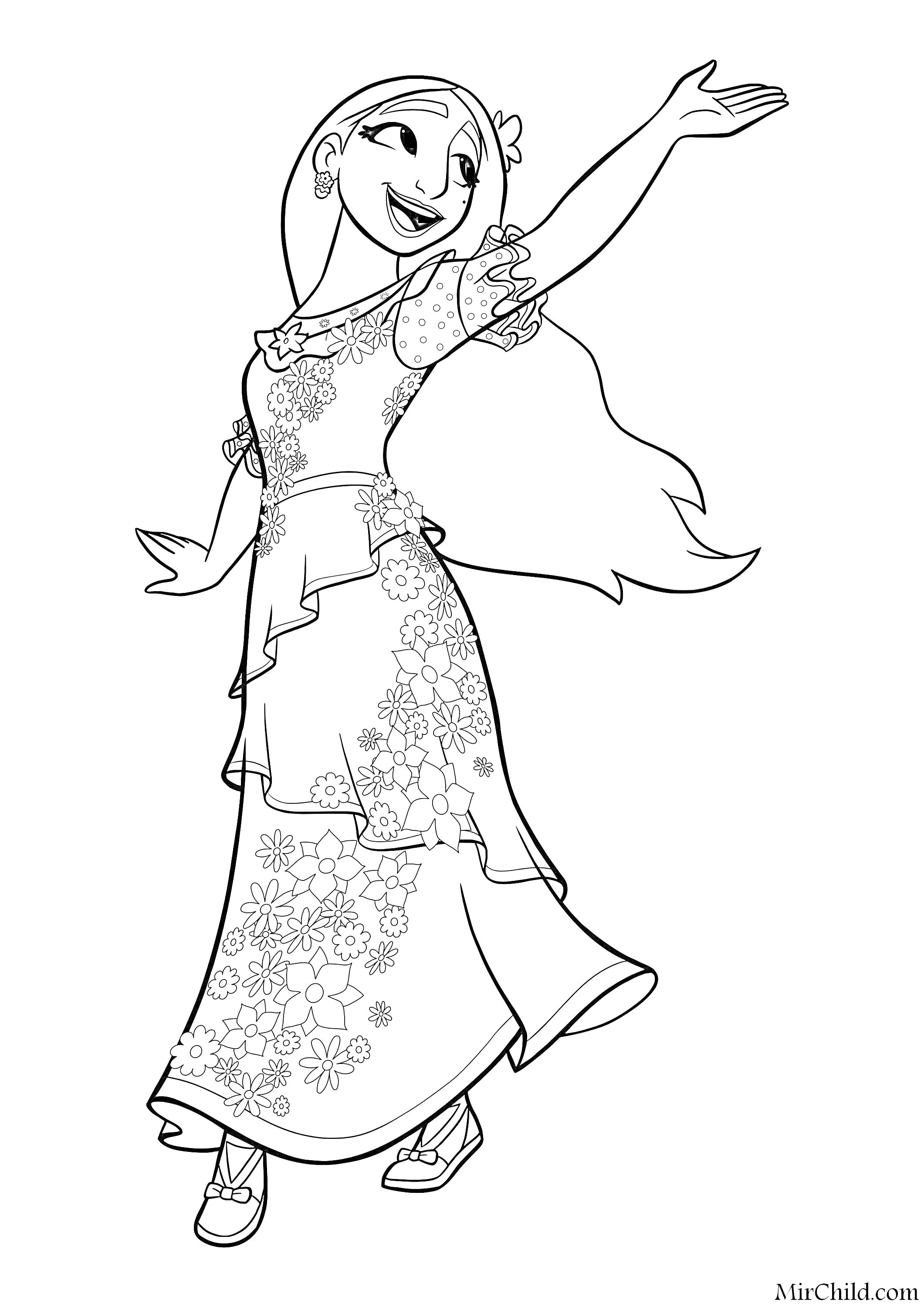 Раскраска Девушка в длинном платье с цветочным узором, танцующая с поднятой рукой
