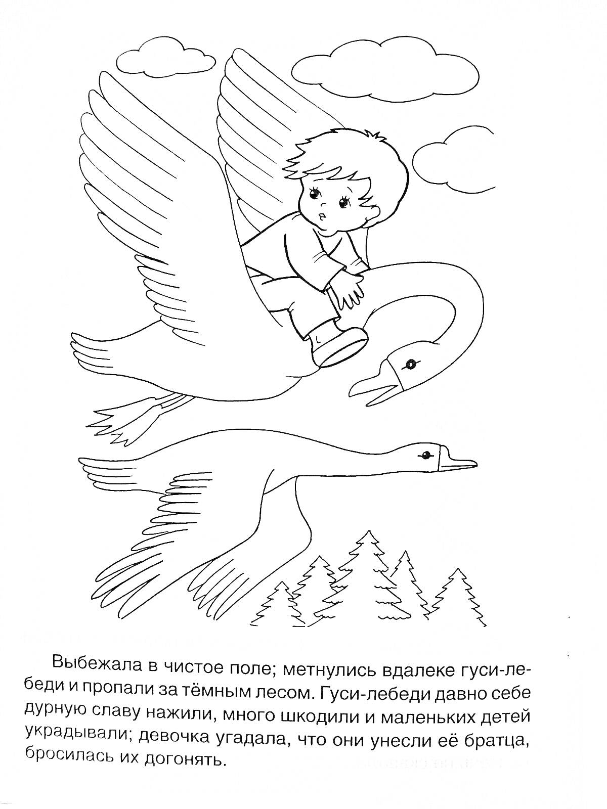 Раскраска Мальчик летит на гусе, второй гусь сопровождает, на заднем плане лес и облака