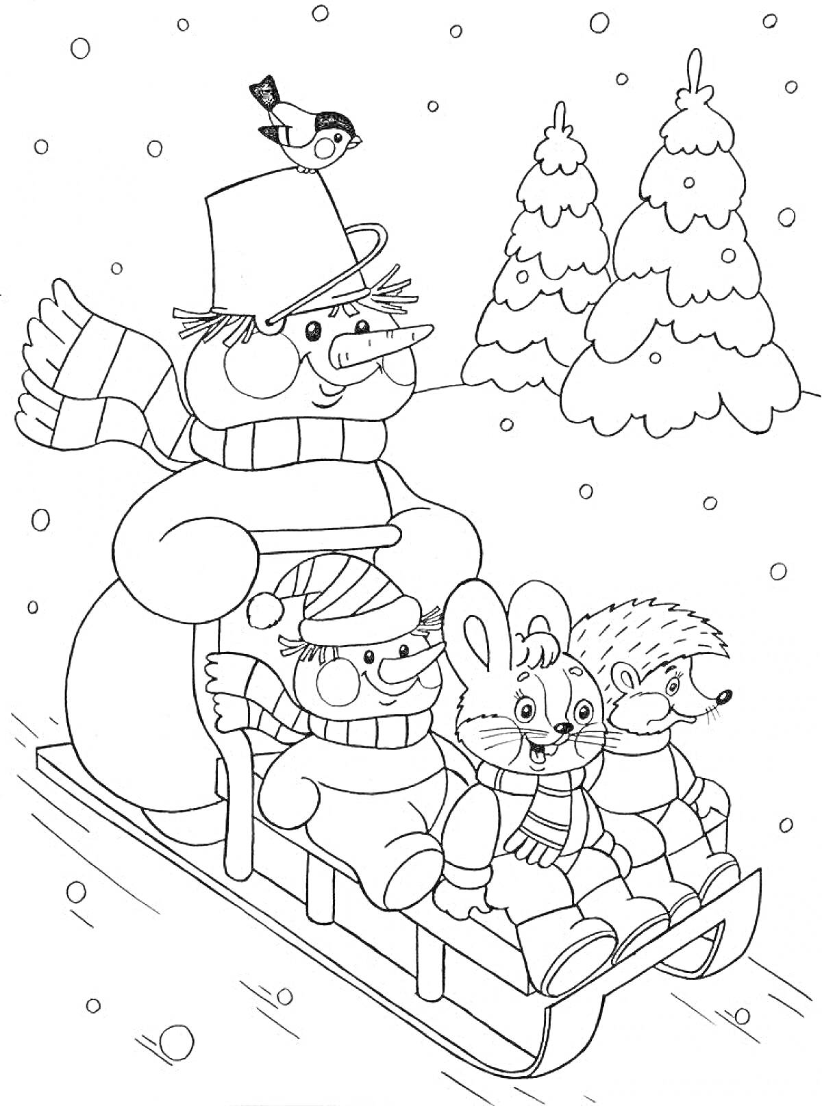 Снеговик с птичкой катает зайца, ежика и медвежонка на санках по снегу