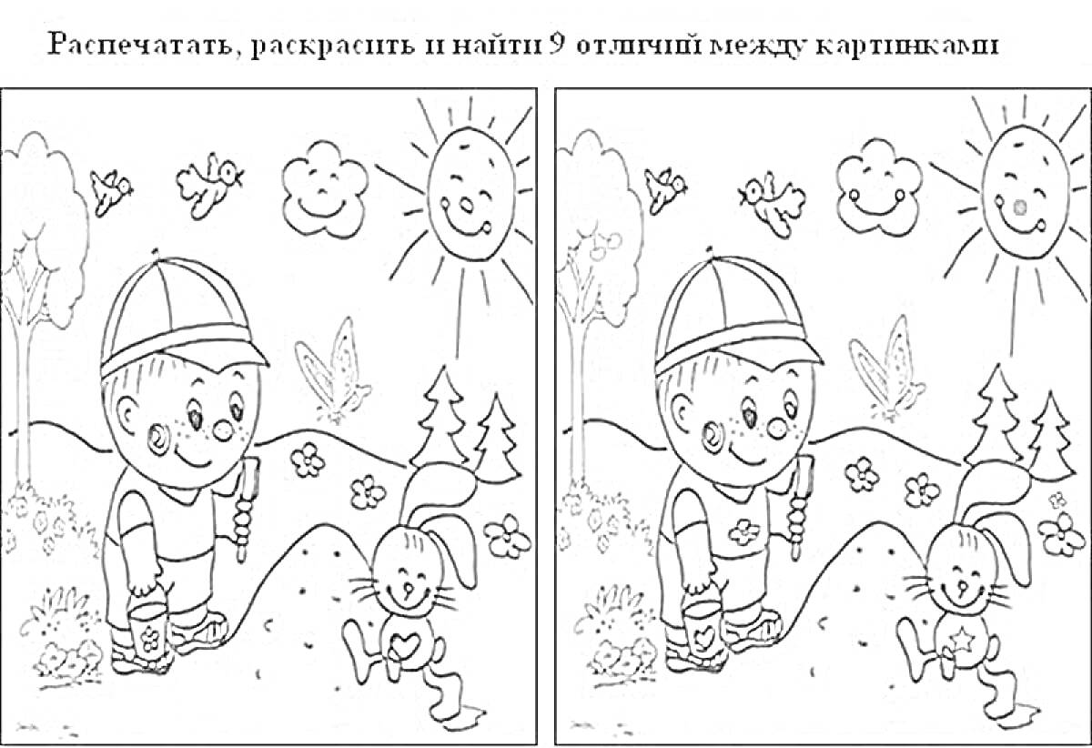 На раскраске изображено: Найди отличия, Ребенок, Мальчик, Кролик, Солнце, Облака, Деревья, Цветы, Поляна, Бабочка