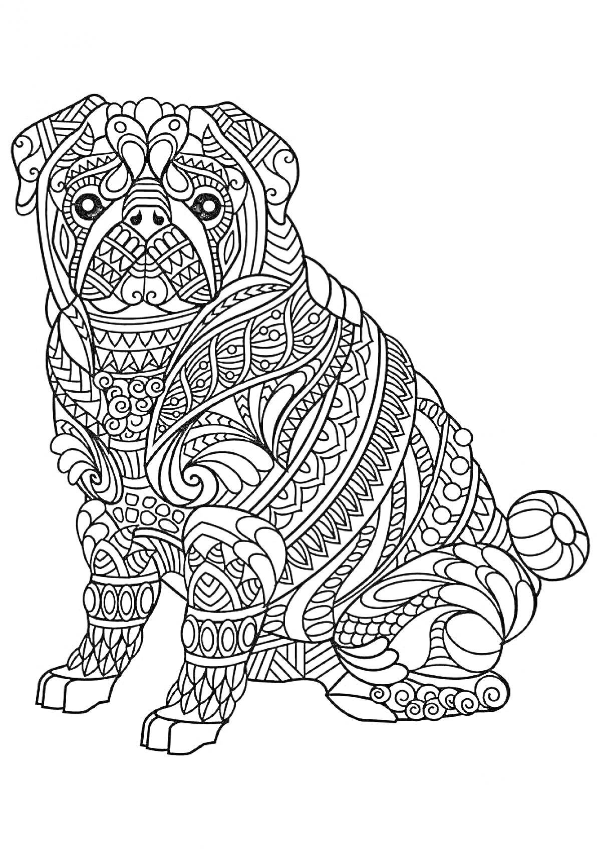Антистресс раскраска - собака с декоративными узорами, абстрактные и геометрические элементы
