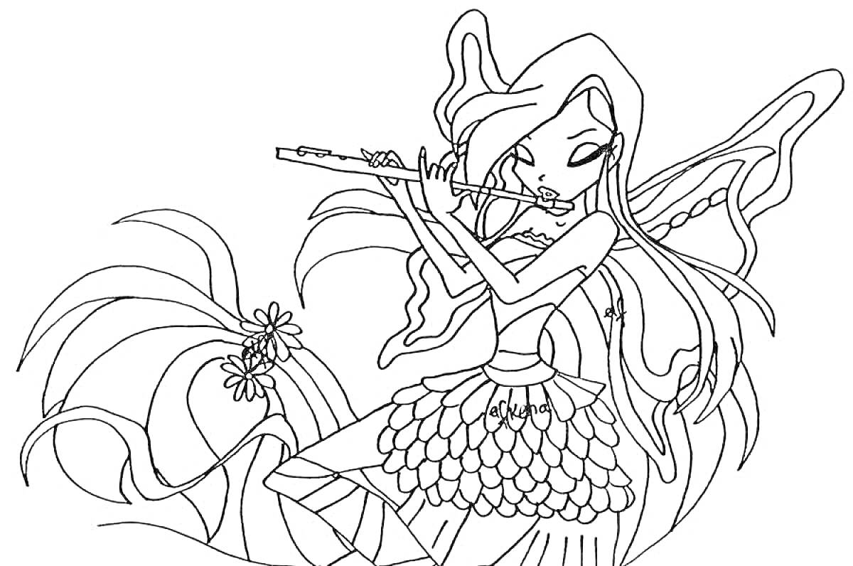 Раскраска Фея из Винкс Гармоникс с длинными волосами, в крыльях, играет на флейте, с цветами в окружении