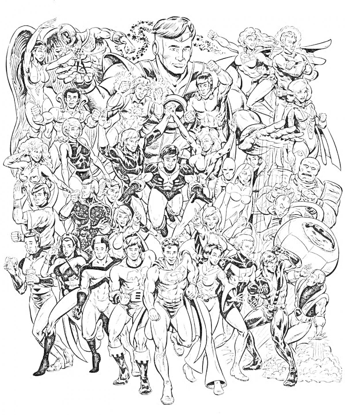 Герои Марвел: Коллективное изображение персонажей из вселенной Marvel, включая самолёт, броню, магические силы и динамичные позы.
