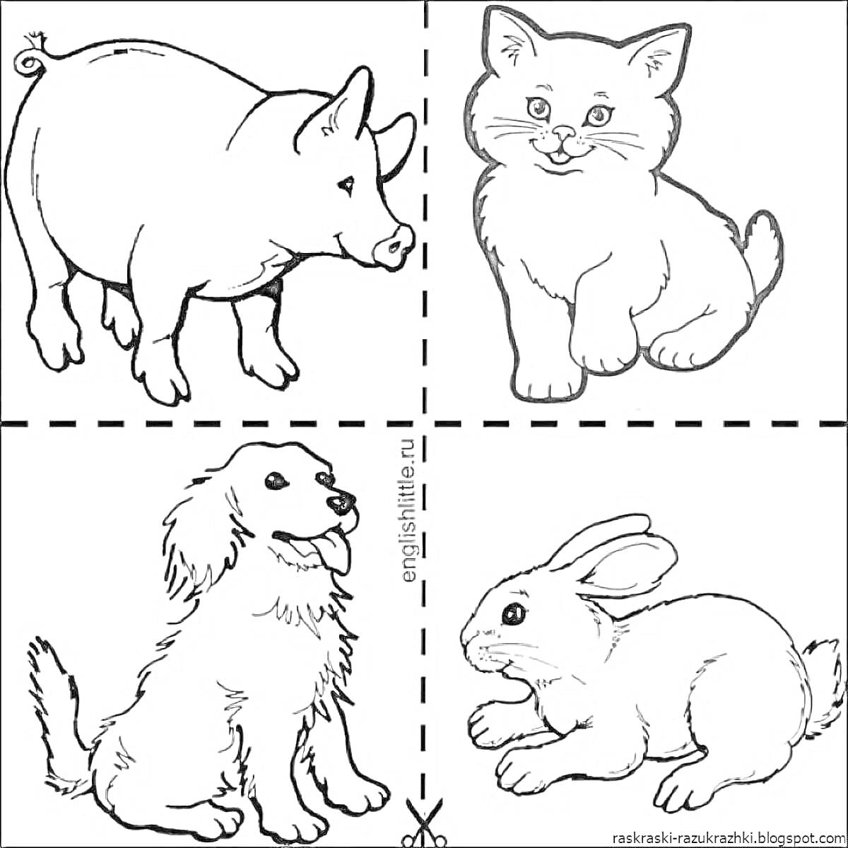 Раскраска Раскраска с изображением свиньи, котенка, собаки и кролика для детей 4-5 лет