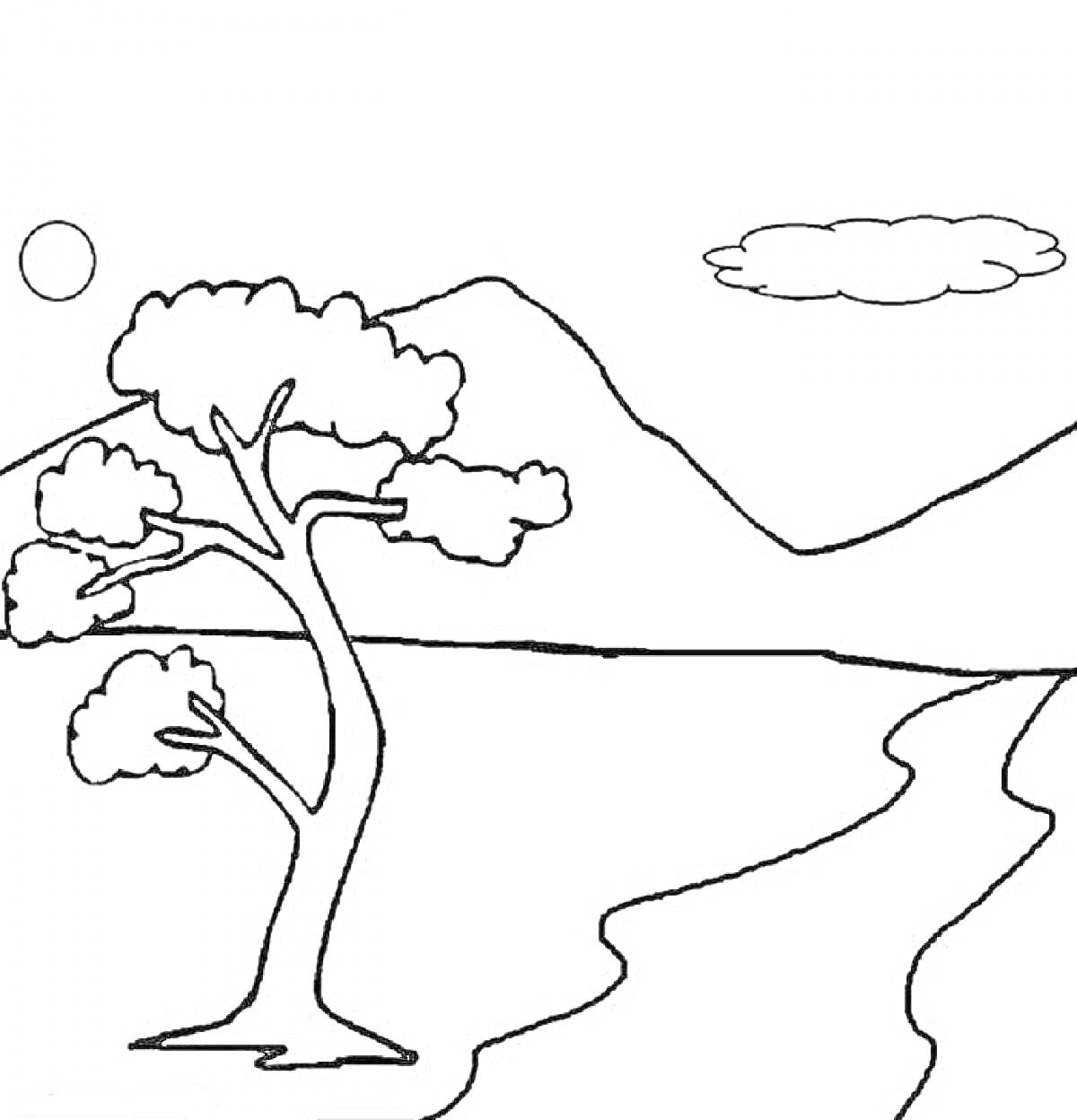 Раскраска Дерево и река на фоне гор с солнцем и облаком