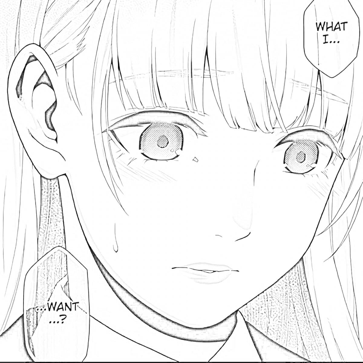 Раскраска Героиня аниме Kakegurui с белыми волосами в школьной униформе, говорит: 