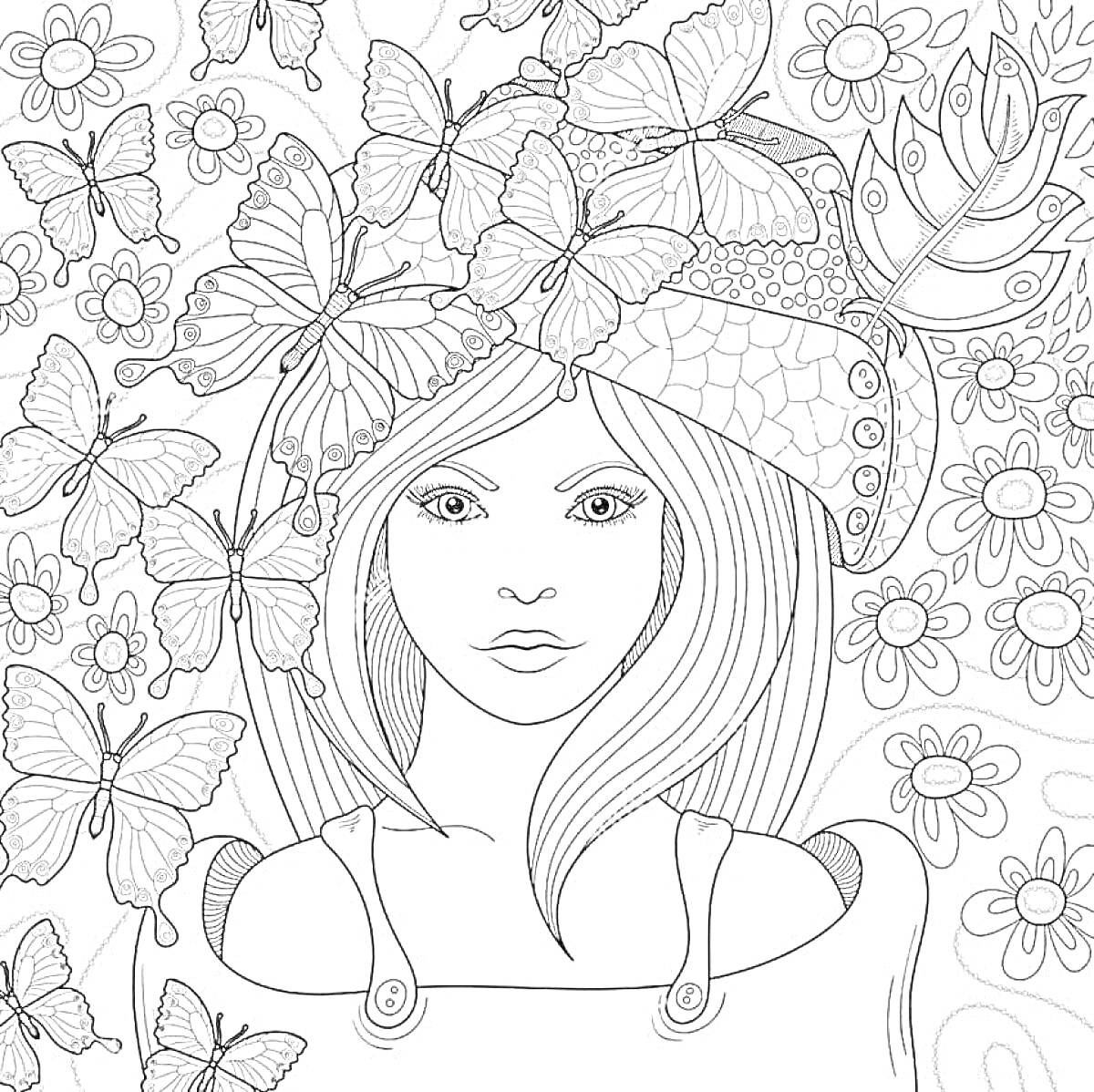 На раскраске изображено: Длинные волосы, Цветы, Природа, Бабочка, Девочка, Красивые, Портреты