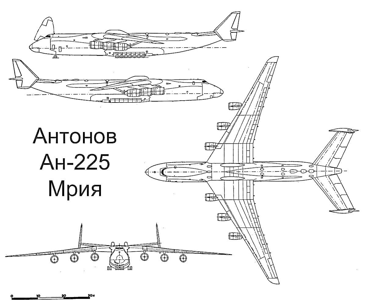 Раскраска Антонов Ан-225 Мрия в различных ракурсах: вид сбоку, вид сверху, вид спереди.
