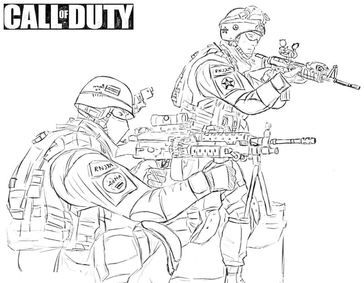 На раскраске изображено: Call of Duty, Боевое снаряжение, Оружие, Штурмовая винтовка, Военная форма, Тактическое снаряжение, Снайперская винтовка, Солдат, Шлемы