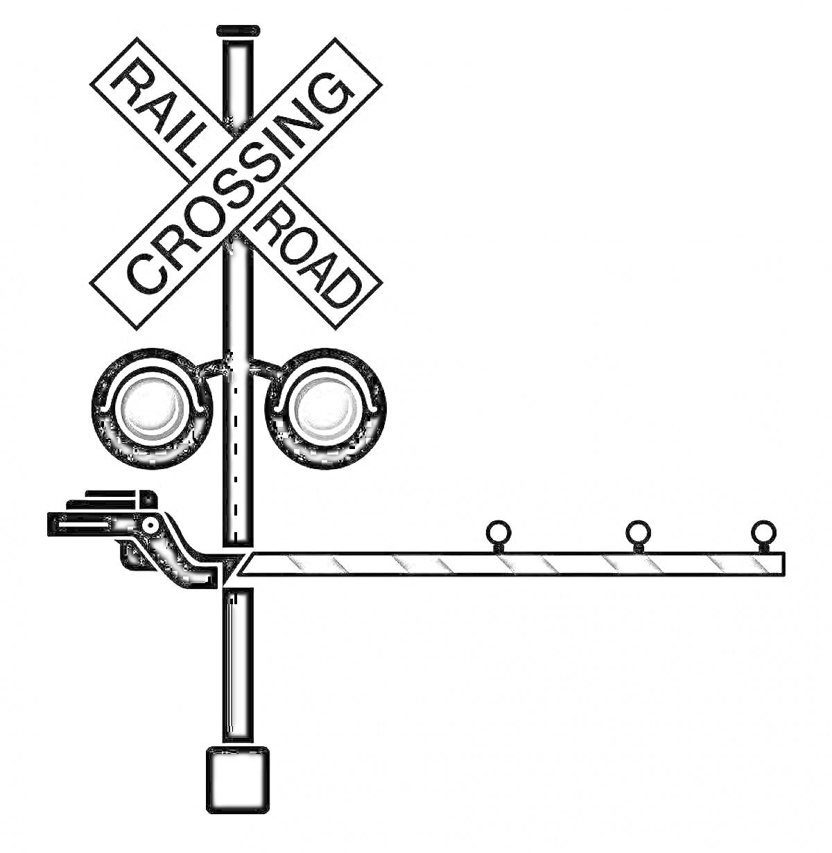 Раскраска Железнодорожный семафор с опускающимся шлагбаумом, перекрестной табличкой 