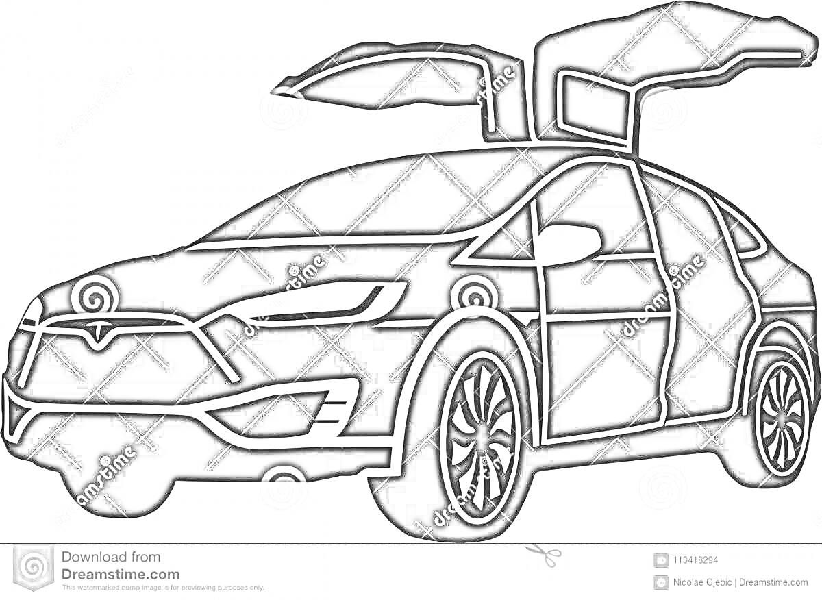 На раскраске изображено: Tesla, Model X, Электромобиль, Двери-крылья, Контур автомобиля