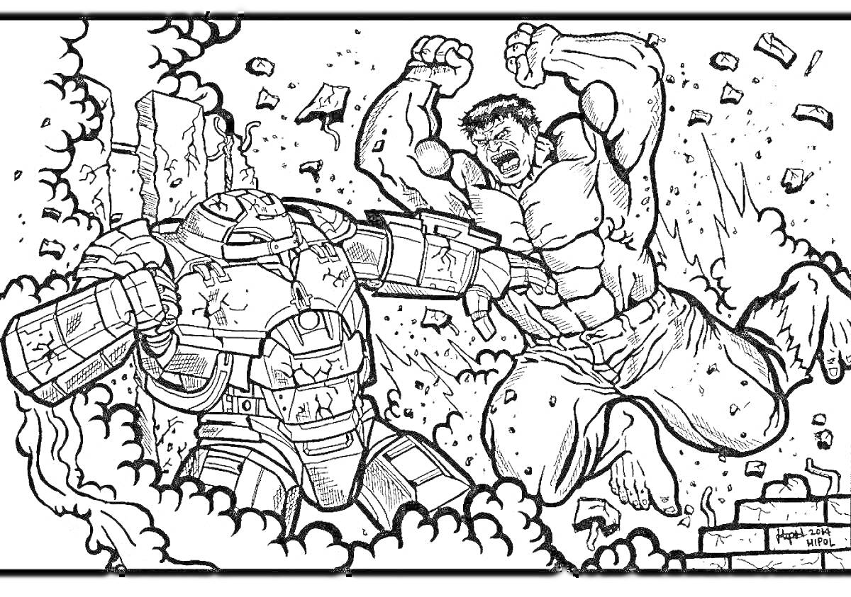 Раскраска Халк сражается с бронированным существом, ударяя кулаком, разрушенные здания и обломки вокруг