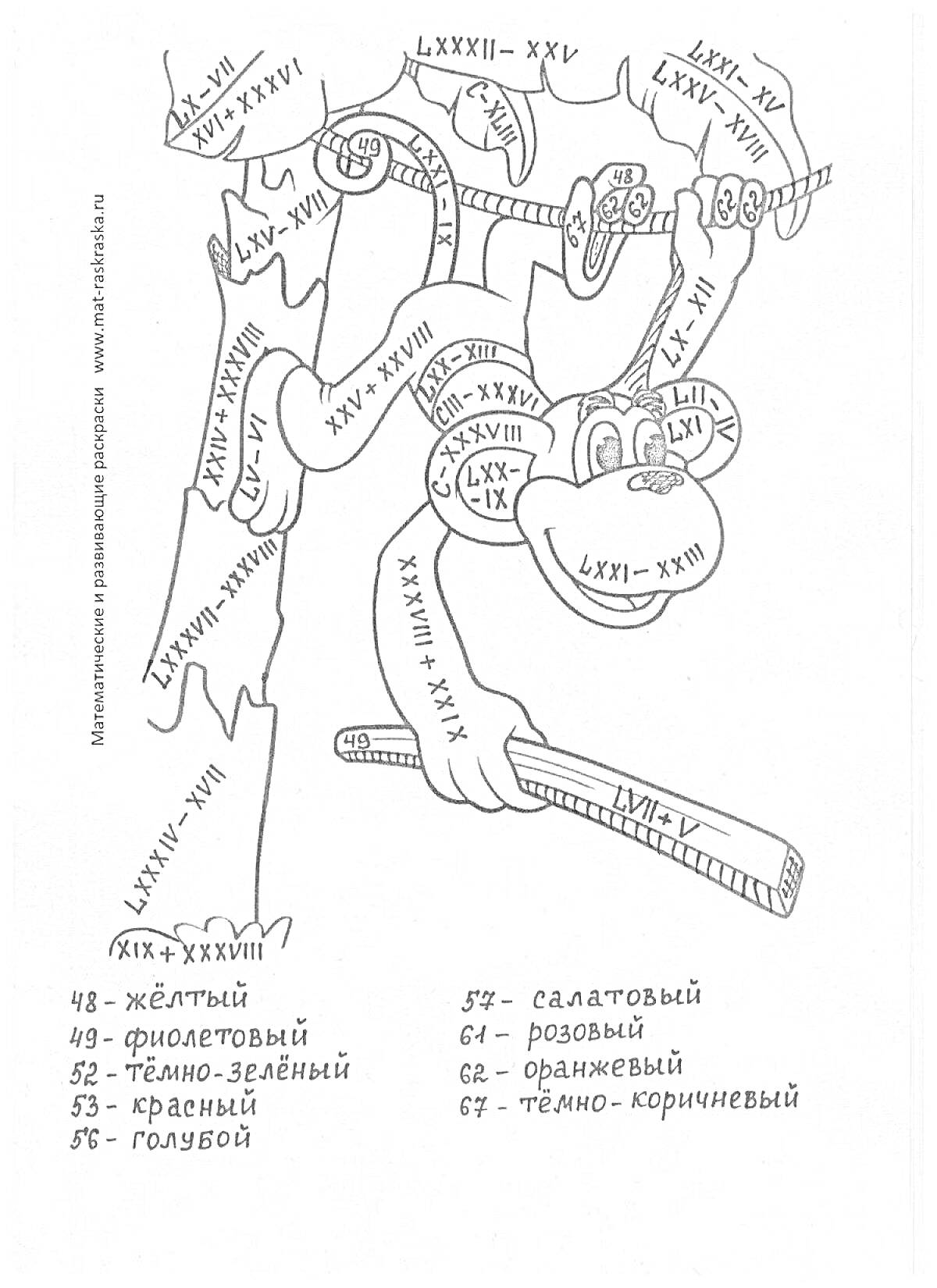 Раскраска Раскраска с обезьяной и математическими примерами сложения и вычитания в пределах 100